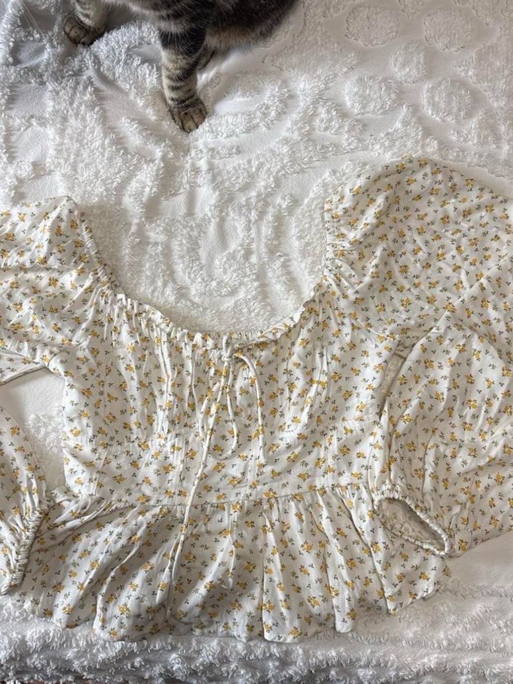 Altar'd State White Peasant Top with Small Yellow Floral Print
